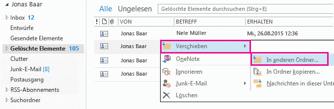 Outlook gelöschte Kontakte zur Kontaktliste verschieben