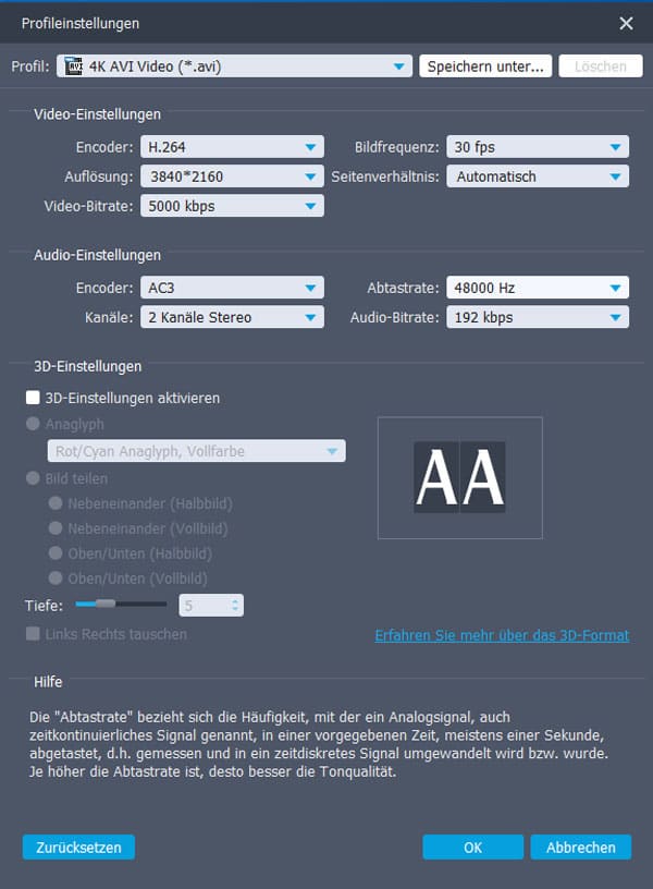 einstellung vor AVI Komprimieren