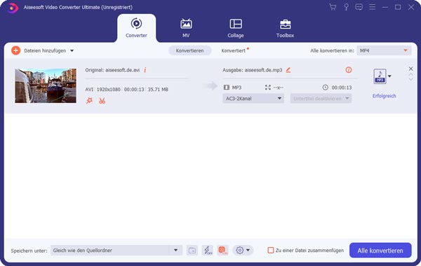 Mit Aiseesoft Video Converter Ultimate AVI in MP3 konvertieren