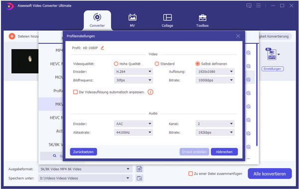 MKV-Profileinstellungen anpassen