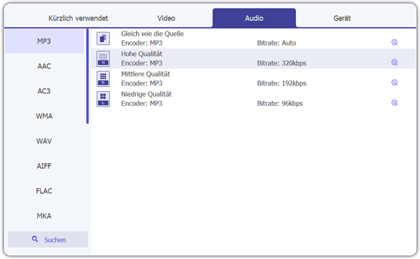 Audioformate auswaehlen