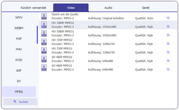 MPEG als das Ausgabeformat wählen