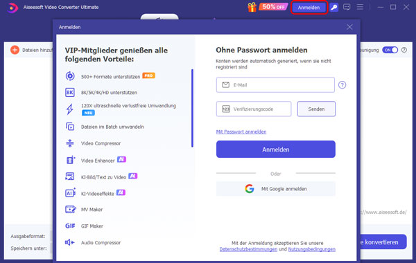 Sich bei der Software anmelden