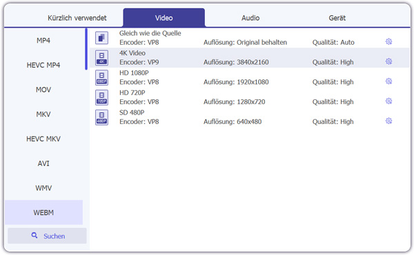 WebM als Ausgabeformat auswählen