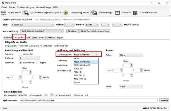 8K in HandBrake auswählen