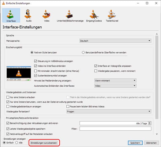 Einstellungen im VLC Player zurücksetzen