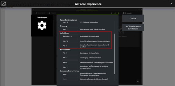 GeForce Experience: Tastenkombination für die Aufnahme einstellen