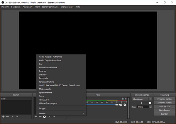 Spielaufnahme in OBS Studio wählen