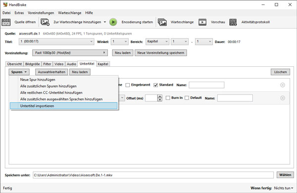Untertitel in HandBrake importieren