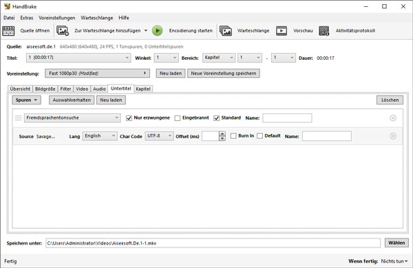 Untertitel in MKV mit HandBrake hinzufügen