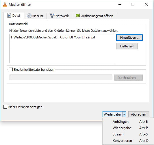 M3U8-Datei in VLC hinzufügen