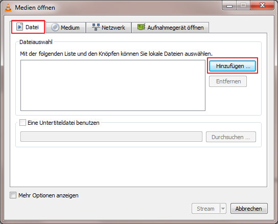Videodatei in VLC hinzufügen