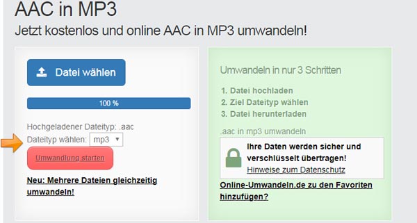 Auf Online Umwandeln.de AAC in MP3 umwandeln