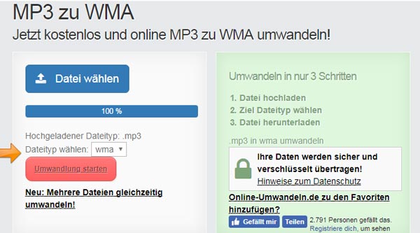 Auf Online-Umwandeln.de MP3 in WMA umwandeln