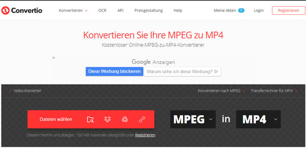 MPEG in MP4 umwandeln mit Convertio