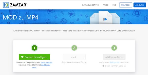 MOD in MP4 umwandeln mit Online MOD to MP4 Converter Zamzar