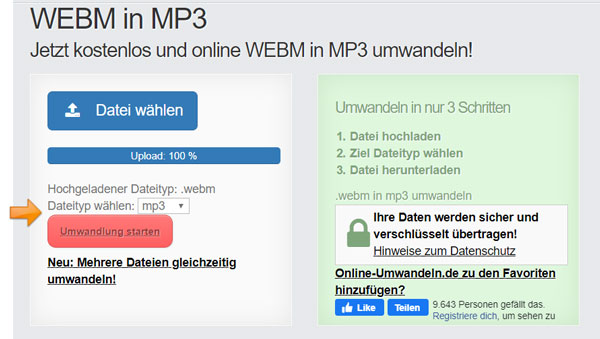 WebM in MP3 konvertieren auf online-umwandeln.de