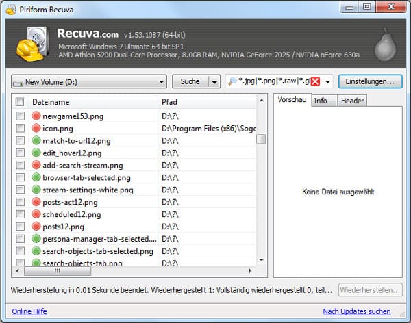 Gelöschte Digitalkamera Fotos mit Recuva wiederherstellen