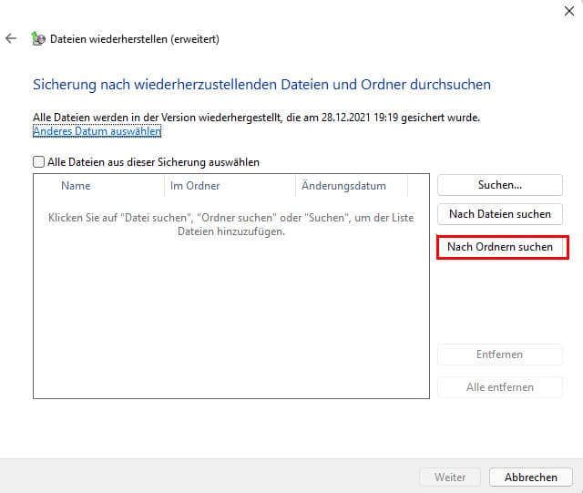 wiederherzustellenden Dateien nach Ordner suchen
