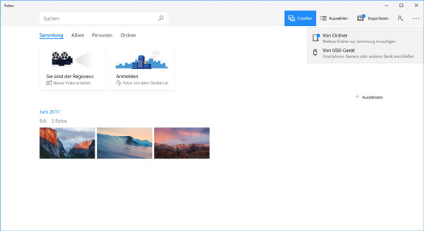 Windows 10 Fotos-App: von USB-Gerät importieren